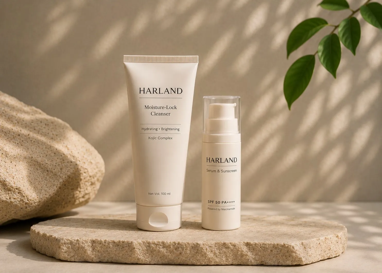 HARLAND Moisture-Lock Cleanser and Sunscreen Serum on a stone platform, warm Indian sunlight casting leaf shadows across a beige wall.