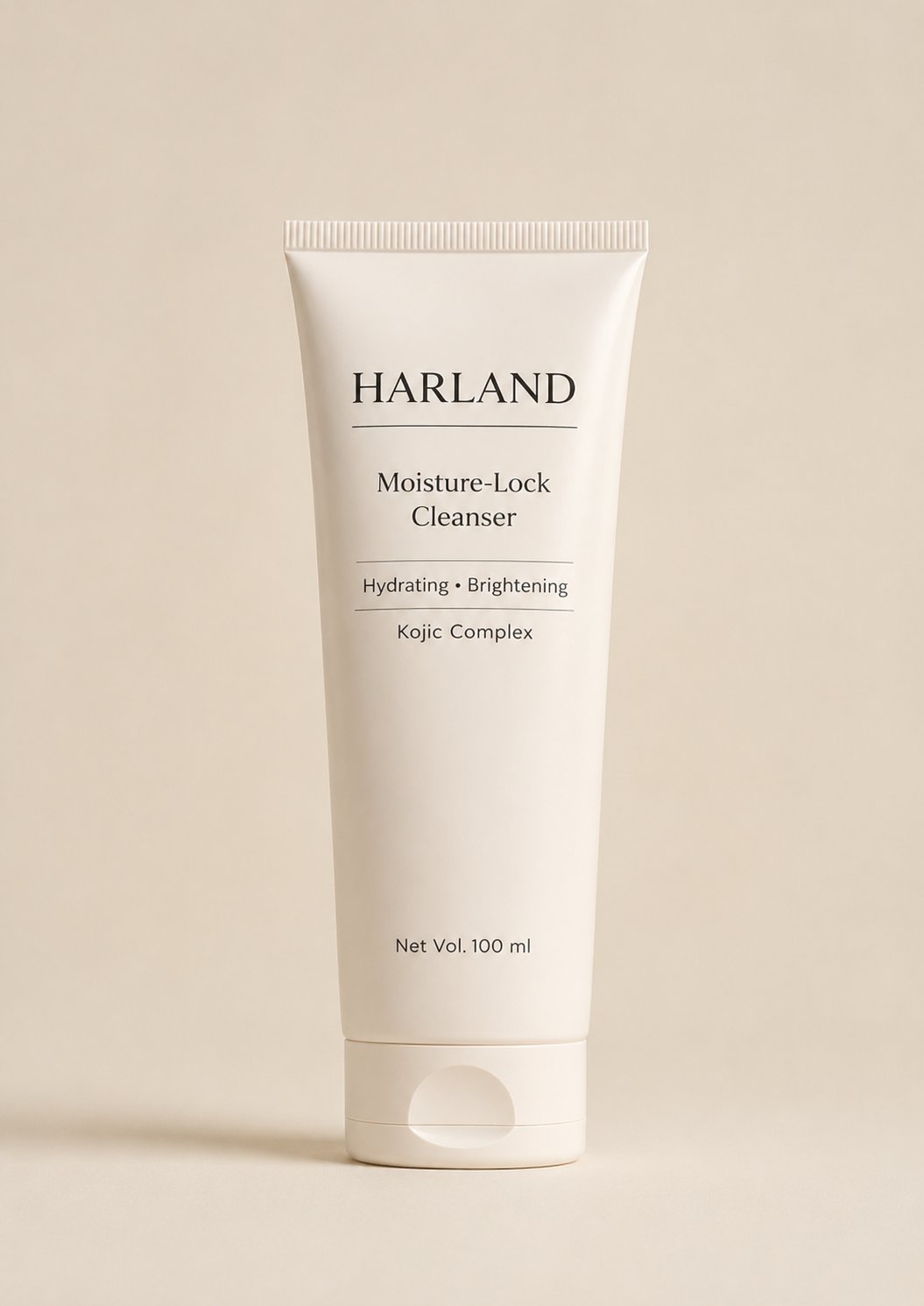Moisture-Lock Cleanser by HARLAND — a cream-coloured 100ml tube with the HARLAND wordmark and Kojic Complex marker, photographed on a warm beige backdrop.