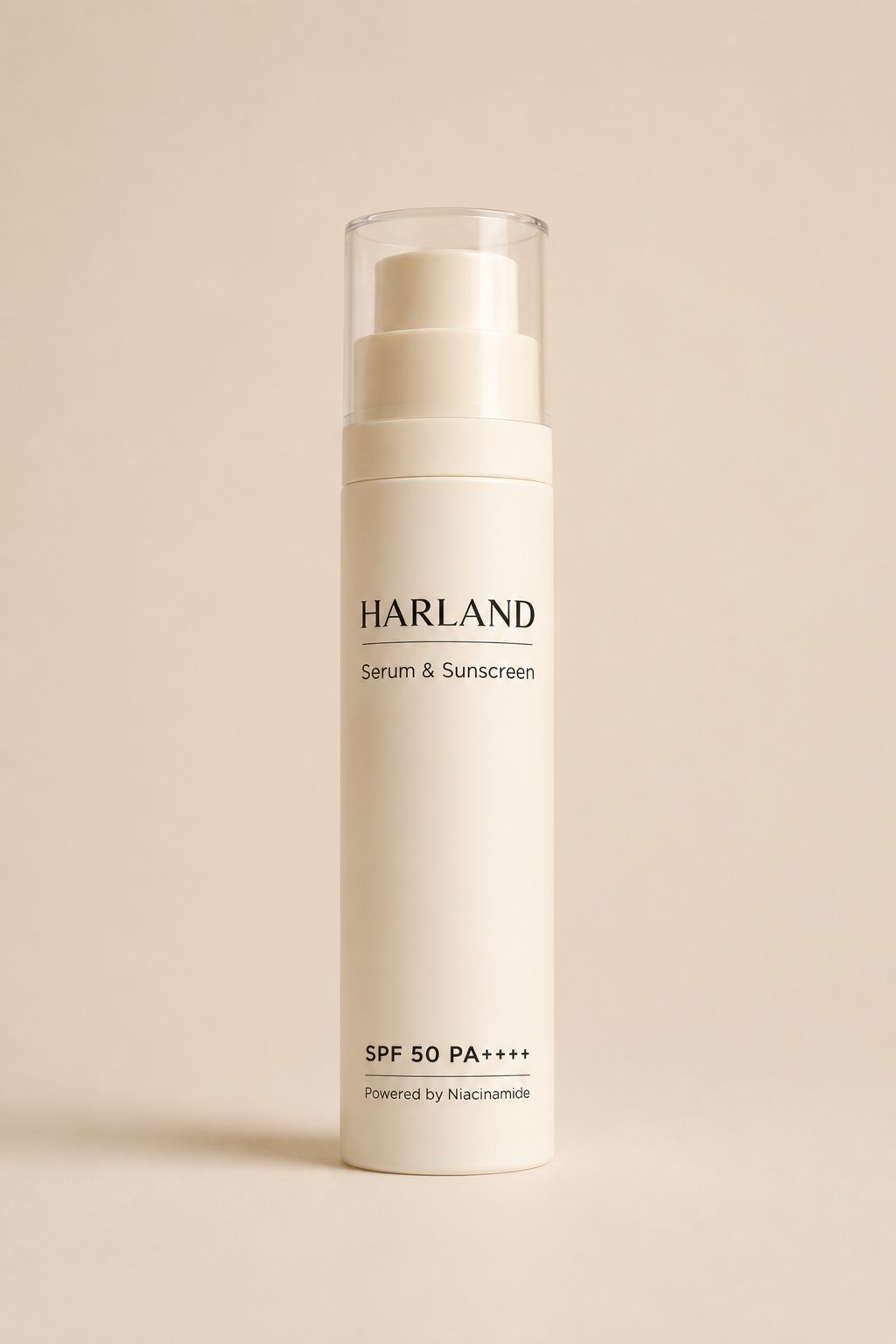 Serum & Sunscreen by HARLAND — a cream-coloured airless pump bottle with a clear cap, marked SPF 50 PA++++ and Powered by Niacinamide, photographed on a warm beige backdrop.